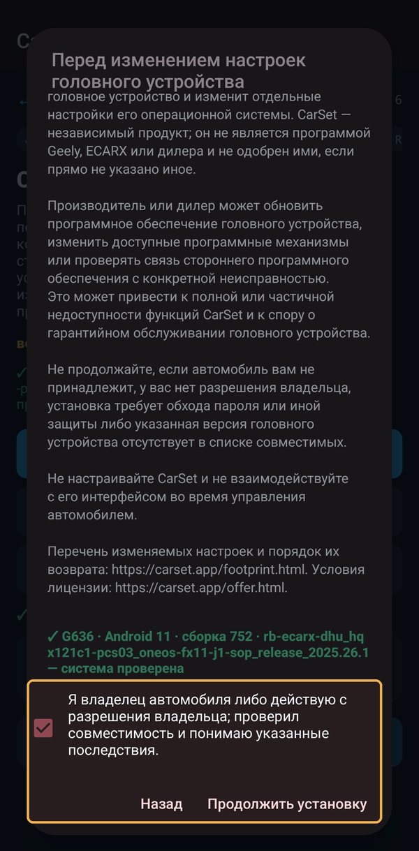 Перед первой установкой отметьте «Я владелец автомобиля…» и нажмите «Продолжить установку»